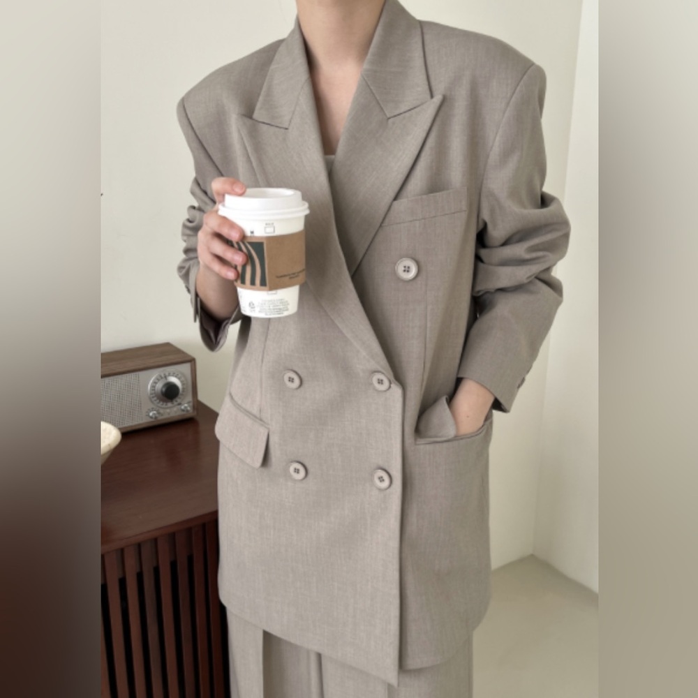 The Frankie Shop Taupe Nessi Double-Breasted Blazer, size M/L